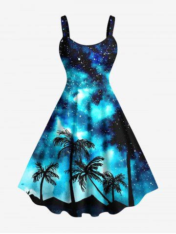 Plus Size Galaxy Star Coconut Tree Print Hawaii Tank Dress - BLACK - XXS