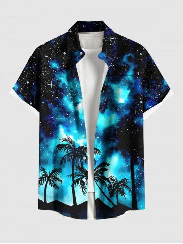 Plus Size Galaxy Star Coconut Tree Print Buttons Pocket Hawaii Shirt For Men - BLACK - 3XL