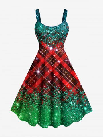 Plus Size Christmas Plaid Star Sparkling Sequin Glitter 3D Print Tank Dress - GREEN - XXS