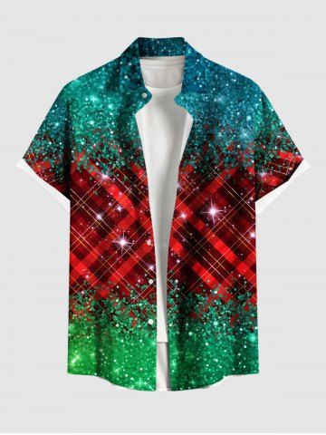 Plus Size Christmas Plaid Star Sparkling Sequin Glitter 3D Print Buttons Pocket Shirt For Men - GREEN - 3XL