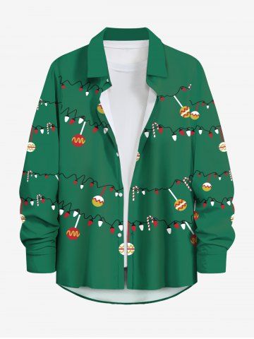 Plus Size Christmas Light Candy Bowknot Stripes Print Buttons Pocket Long Sleeves Shirt For Men - GREEN - 3XL