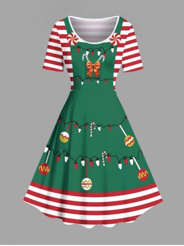 Plus Size Christmas Light Candy Bowknot Stripes Print Vintage Dress - GREEN - XXS