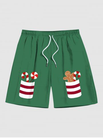 Plus Size Christmas Gingerbread Candy Print Beach Shorts For Men - GREEN - 7XL
