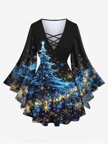 Plus Size Christmas Tree Snowflake Glitter 3D Print Lattice Crisscross Flare Sleeve T-shirt - BLACK - M