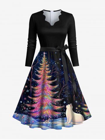 Plus Size Colorful Glitter Christmas Tree Cat Moon Galaxy Print Scalloped Neck A Line Dress with Removable Belt - BLACK - 3XL