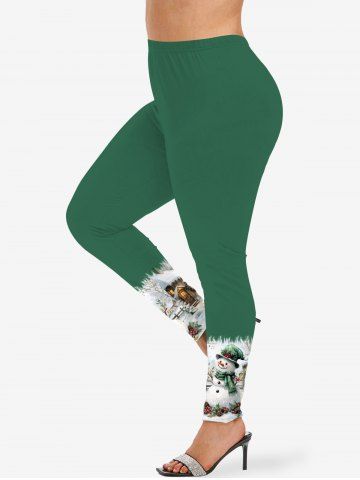 Plus Size Christmas Snowman Holly Printed Skinny Leggings - GREEN - S