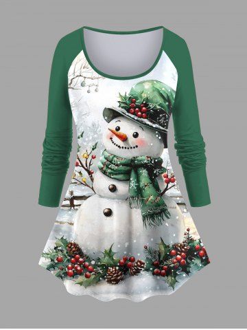 Plus Size Christmas Snowman Holly Print Long Sleeves Women T-shirt - GREEN - 2X