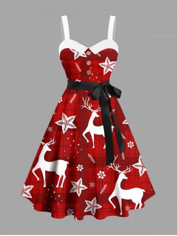 Plus Size Christmas Elk Flower Plaid Print Button A Line Dress with Removable Belt - DEEP RED - 3X