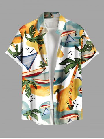 Plus Size Coconut Tree Seascape Bird Print Hawaii Button Pocket Shirt For Men - YELLOW - 6XL