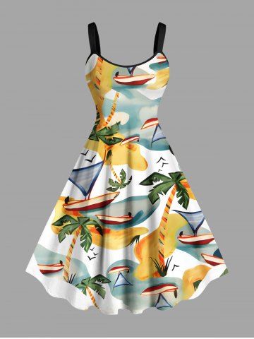 Plus Size Coconut Tree Seascape Bird Print Hawaii A Line Dress - YELLOW - 5X