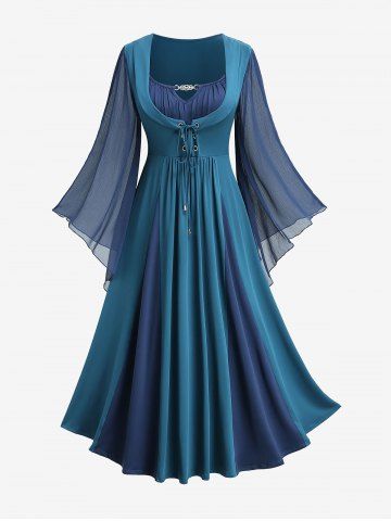 Plus Size Chiffon Textured Flare Sleeve Lace Up Two Tone A Line Dress with Removable Belt - EMERALD - 4X | US 26-28