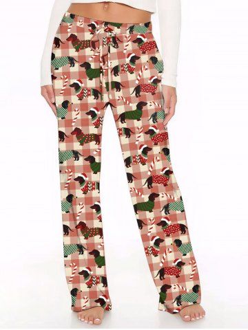 Plus Size Christmas Hat Dog Candy Plaid Print Drawstring Wide Leg Pants - RED - M