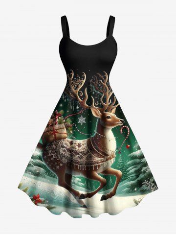 Robe trapèze grande taille imprimée sapin de Noël, élan et flocons de neige - GREEN - XS