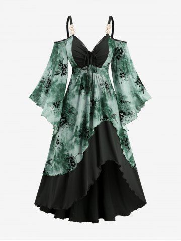 Plus Size Flower Flocking Tie Dye Ruffles Cinched Cold Shoulder Asymmetric Cami Dress - GREEN - L | US 12