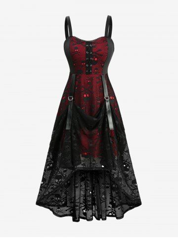 Plus Size Hollow Out Skull Fishnet Lace-up Grommets Lace Trim High Low Tank Dress - RED - 4X | US 26-28