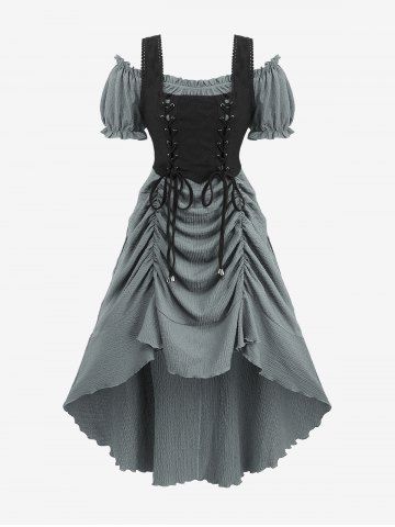 Robe midi en crêpe style Renaissance médiévale grande taille, à lacets, volants et fronces, coupe asymétrique. - LIGHT GRAY - 4X | US 26-28