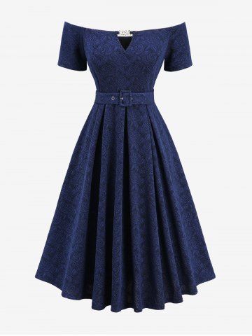 Plus Size Rose Flower Jacquard Embroidery A Line Dress with Removable Belt and Shoulder Strap - BLUE - 1X | US 14-16