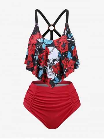 Plus Size Skull Flowers Print Crisscross Straps Ruched Bottom Tankini Swimsuit - RED - L | US 12