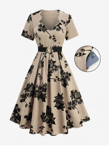 Plus Size Flowers Leaf Print Pocket Dress With Buckle Belt - DESERT COLOR - 3X | US 22-24