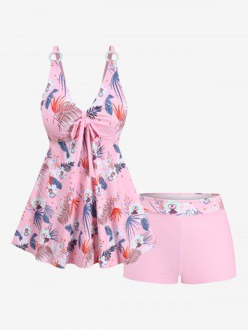 Maillot de bain tankini grande taille à imprimé floral tropical et hibiscus, style hawaïen, jambes courtes (bretelles réglables) - LIGHT PINK - 4X | US 26-28