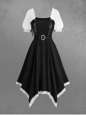 Robe asymétrique grande taille à œillets, lacets et volants, avec ceinture - BLACK - 2X | US 18-20