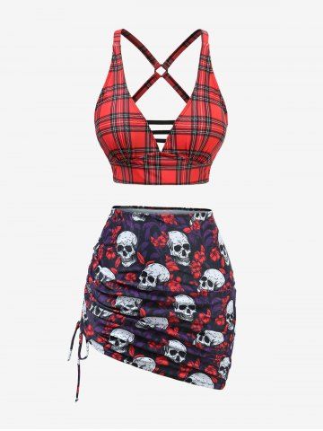 Plus Size Skulls Flowers Leaf Plaid Print Crisscross Cinched Skirt 3 Piece Tankini Swimsuit - RED - 1X | US 14-16