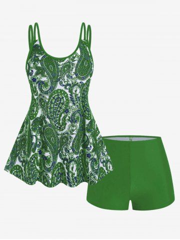 Plus Size Bohemian Paisley Print Tankini Swimsuit with Boyshorts - PLANT GREEN - 3X | US 22-24