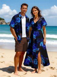 Flowers Leaf Glitter 3D Print Plus Size Matching Hawaii Beach Outfit For Couples -  
