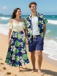 Tenue de plage hawaïenne assortie grande taille à imprimé feuilles tropicales et fleurs d'hibiscus pour couples - Blanc de Crème  