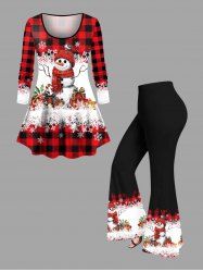 Christmas Gift Snowflake Snowman Plaid Print Long Sleeves T-shirt and Flare Pants Plus Size Matching Set -  