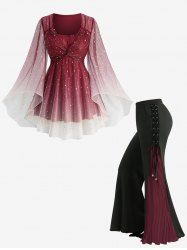 Stars Silver Stamping Ombre Print Mesh Twist Flare Sleeves Top and Lace Up Pleated Flare Pants Plus Size Outfit -  