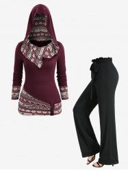 Ethnic Floral Print Asymmetrical Hooded Top and Solid Color Ruffles Waist Pants Plus Size Outfit -  