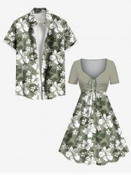 Tenue de plage hawaïenne assortie grande taille à imprimé feuilles et fleurs d'hibiscus pour couples - Vert 