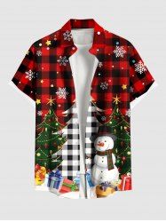 Chemise grande taille à imprimé écossais, sapin de Noël, bonhomme de neige, flocon de neige, boutons et poche pour homme - Rouge 4XL