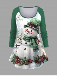 Plus Size Christmas Snowman Holly Print Long Sleeves Women T-shirt -  