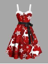 Plus Size Christmas Elk Flower Plaid Print Button A Line Dress with Removable Belt -  