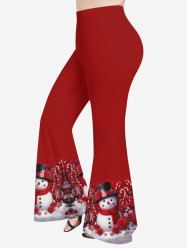 Pantalon évasé grande taille à imprimé flocon de neige, bonhomme de neige, fleurs et bonbons - Rouge 2X