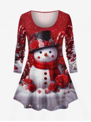 Plus Size Christmas Snowflake Snowman Flower Candy Print Long Sleeves Women T-shirt -  