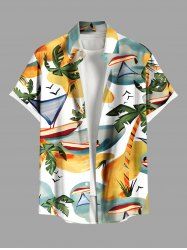 Plus Size Coconut Tree Seascape Bird Print Hawaii Button Pocket Shirt For Men -  