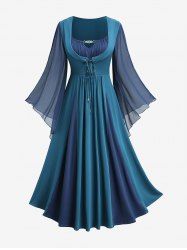 Plus Size Chiffon Textured Flare Sleeve Lace Up Two Tone A Line Dress with Removable Belt -  