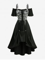 Plus Size Skulls Print Grommets Lace Up Ruffles Cold Shoulder High Low Dress -  