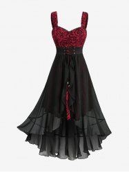 Plus Size Flowers Flocking Grommets Lace-up Lace Trim Ruffles Hem Tank Dress -  