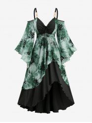 Plus Size Flower Flocking Tie Dye Ruffles Cinched Cold Shoulder Asymmetric Cami Dress -  