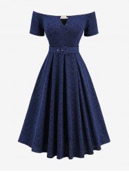 Plus Size Rose Flower Jacquard Embroidery A Line Dress with Removable Belt and Shoulder Strap -  