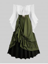 Robe grande taille à lacets, œillets, volants, ourlet asymétrique, épaules dénudées et manches évasées - Vert Armée  2X | US 18-20