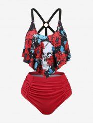 Plus Size Skull Flowers Print Crisscross Straps Ruched Bottom Tankini Swimsuit - Rouge 3X | US 22-24
