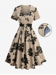 Plus Size Flowers Leaf Print Pocket Dress With Buckle Belt -  