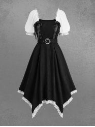 Plus Size Grommets Lace-up Lace Trim Ruffles Asymmetrical Dress With Belt -  