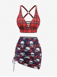 Plus Size Skulls Flowers Leaf Plaid Print Crisscross Cinched Skirt 3 Piece Tankini Swimsuit -  