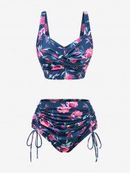 Plus Size Flower Print Crossover Cinched Tankini Swimsuit (Adjustable Shoulder Strap) - Bleu Marine 3X | US 22-24